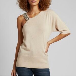 NWT Patrizia Pepe One Shoulder Embellished Wool Blend Sweater Beige Size 2 S
